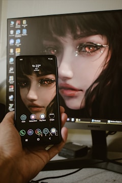A hand is holding a smartphone displaying the same digital artwork shown on a computer monitor in the background. The artwork features a close-up of a woman's face with striking, stylized makeup around the eyes, giving the image a fantasy or abstract vibe. The smartphone and the monitor share the same image, showing synchrony.