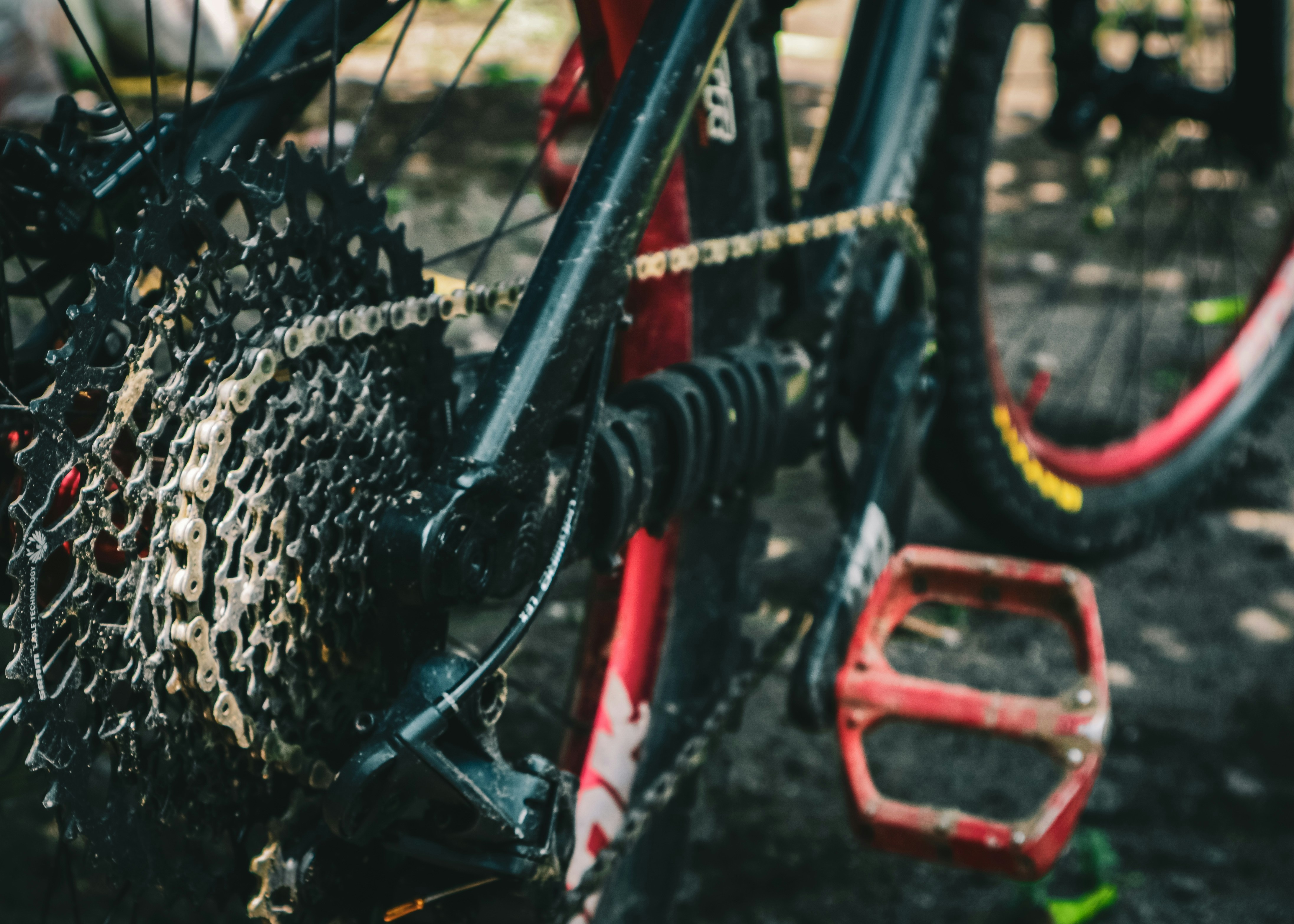 a bicycle with a red seat
