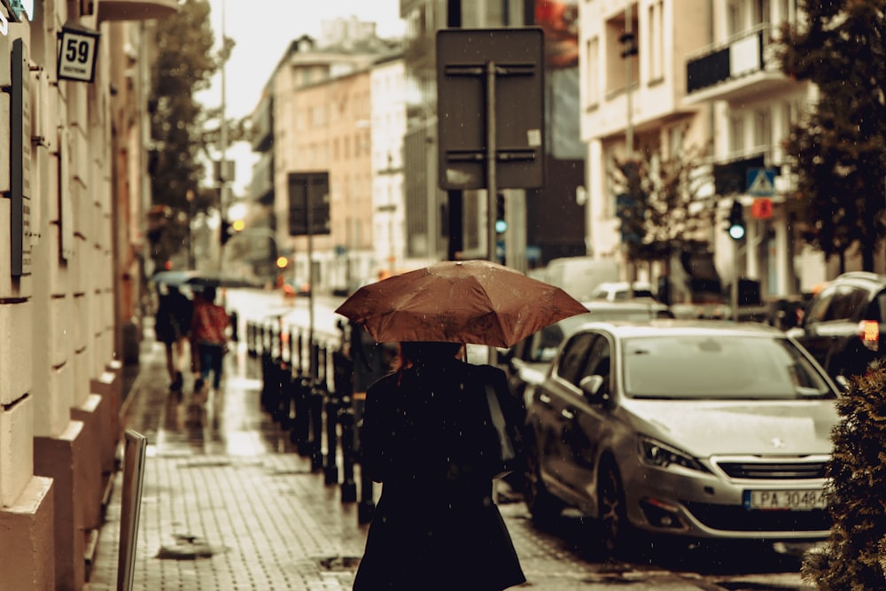 a person walks down a sidewalk with an umbrella