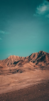 A scenic desert landscape with mountains in the background under a clear blue sky.