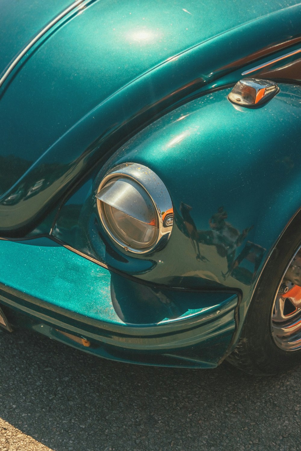 the front of a blue car