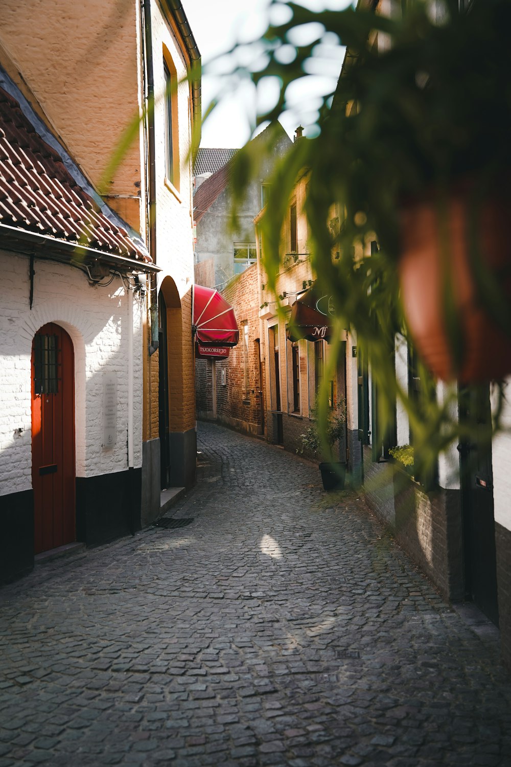 a brick street with buildings on both sides