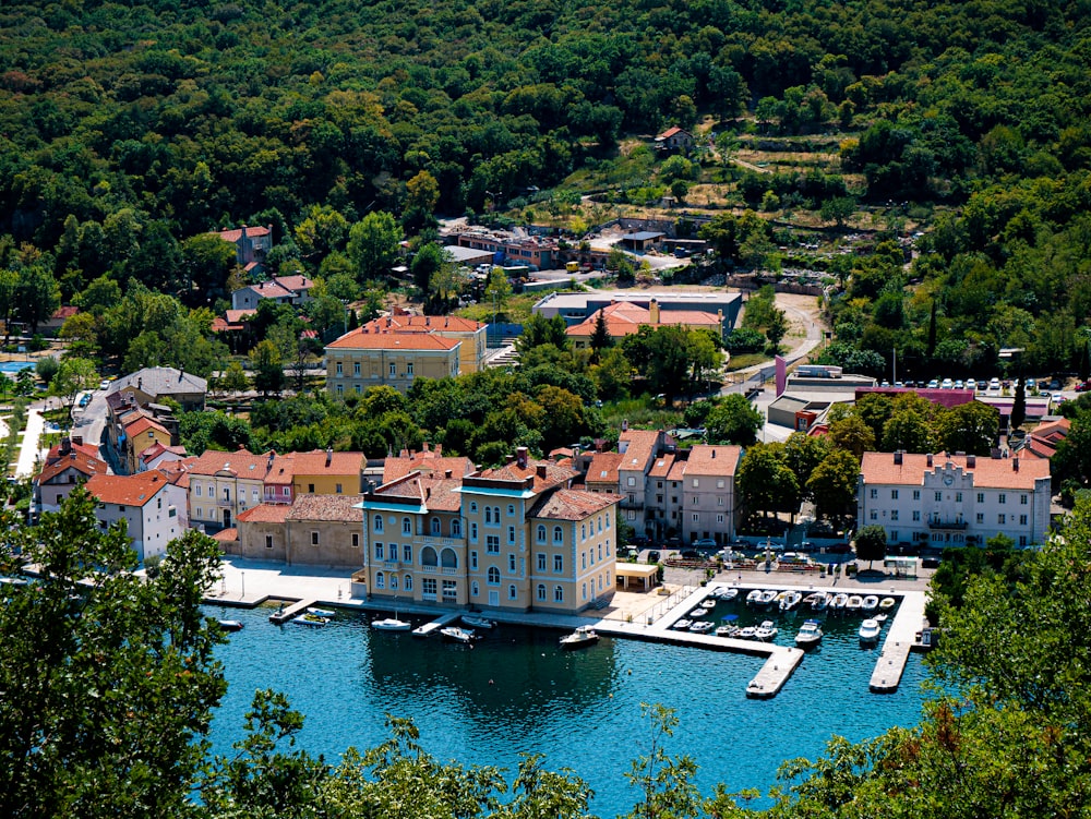 a body of water with buildings and trees around it