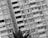 A black and white photograph featuring a tall residential building with numerous balconies and windows. The image is captured at a slight angle, adding a dynamic perspective. A large palm tree is visible in the foreground, its leaves reaching toward the building.