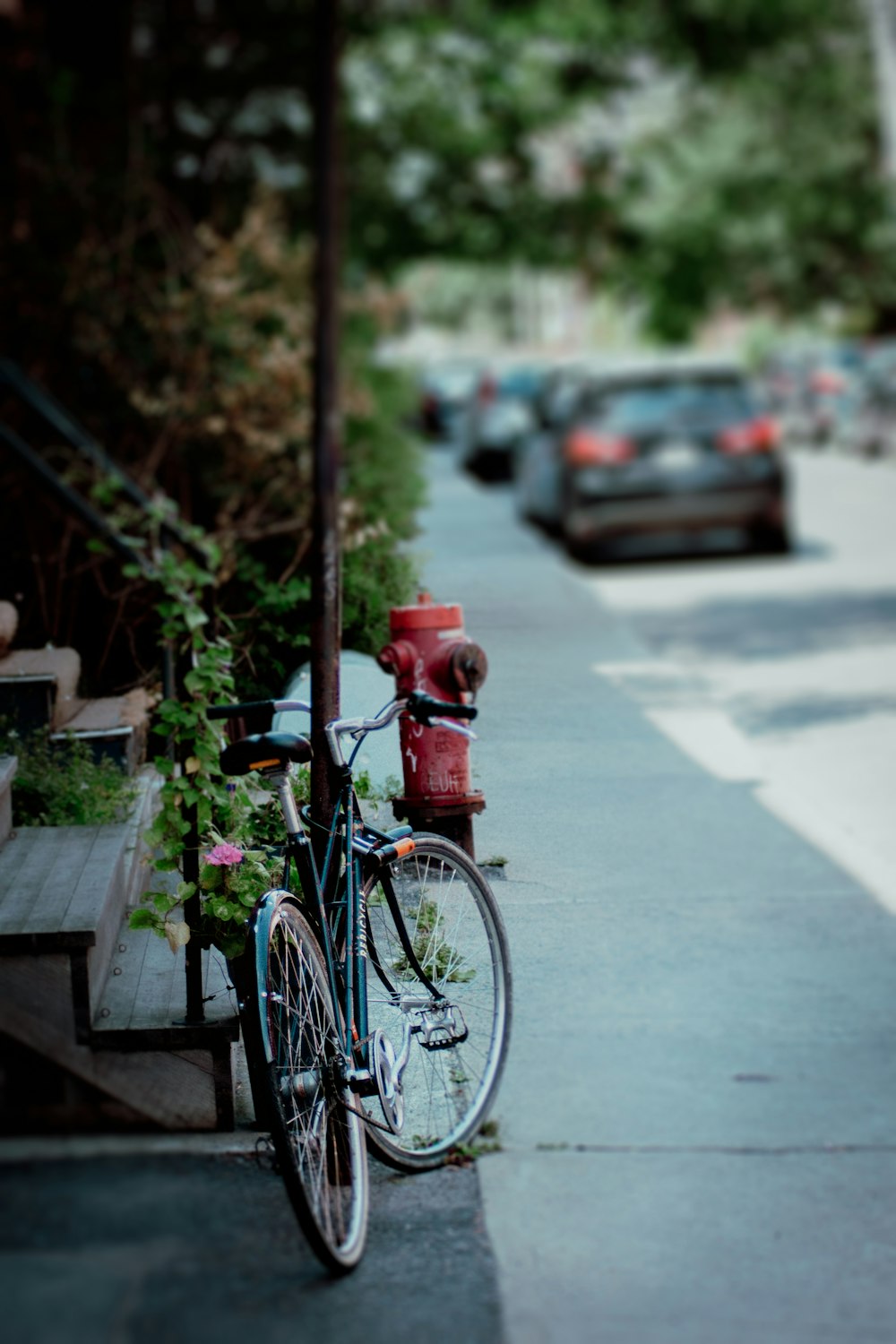 a bicycle is parked next to a fire hydrant