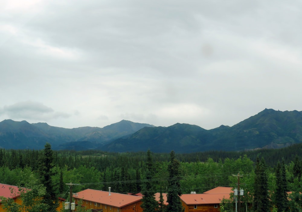 a group of trees and buildings with mountains in the background
