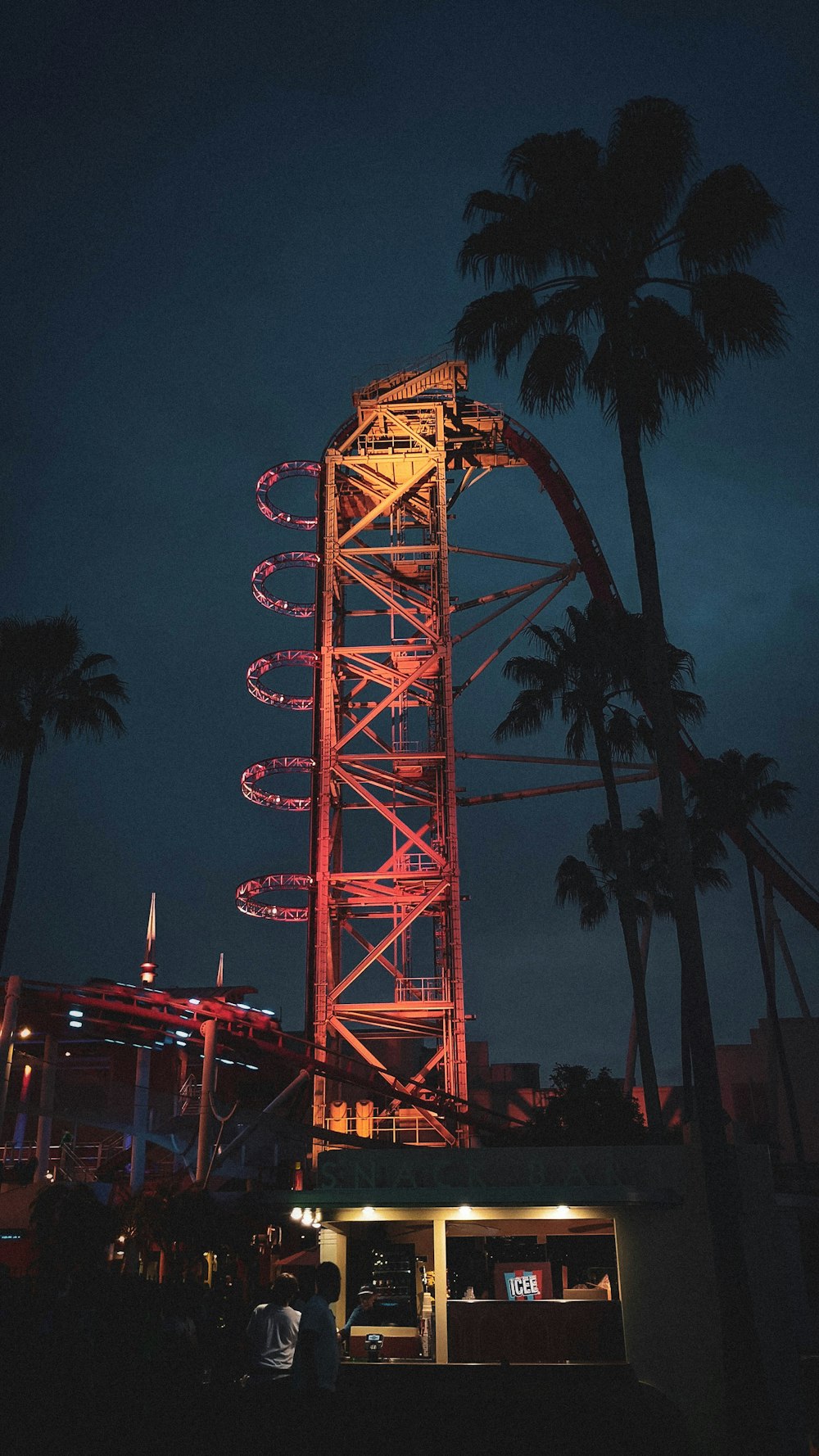 a large red and white roller coaster at night