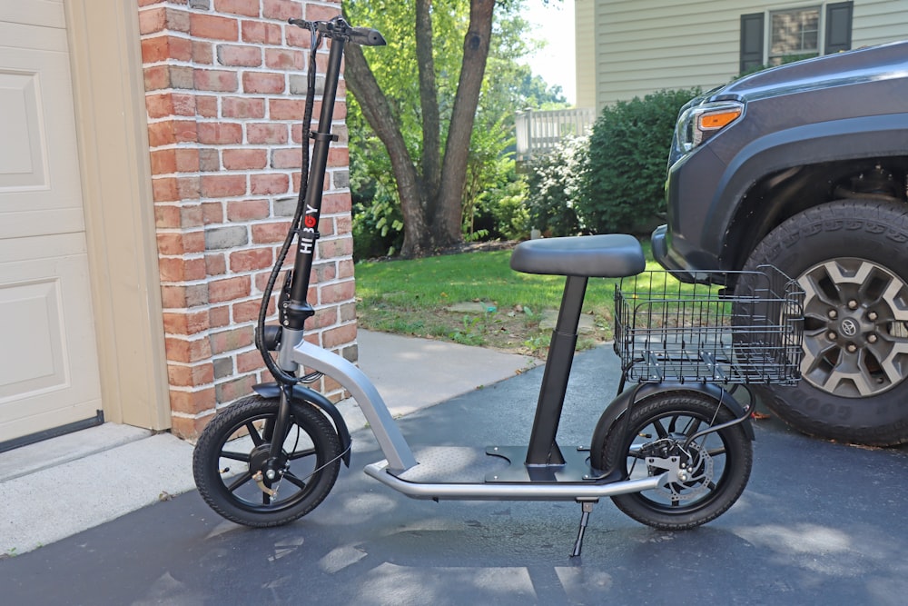 a bike parked on a sidewalk