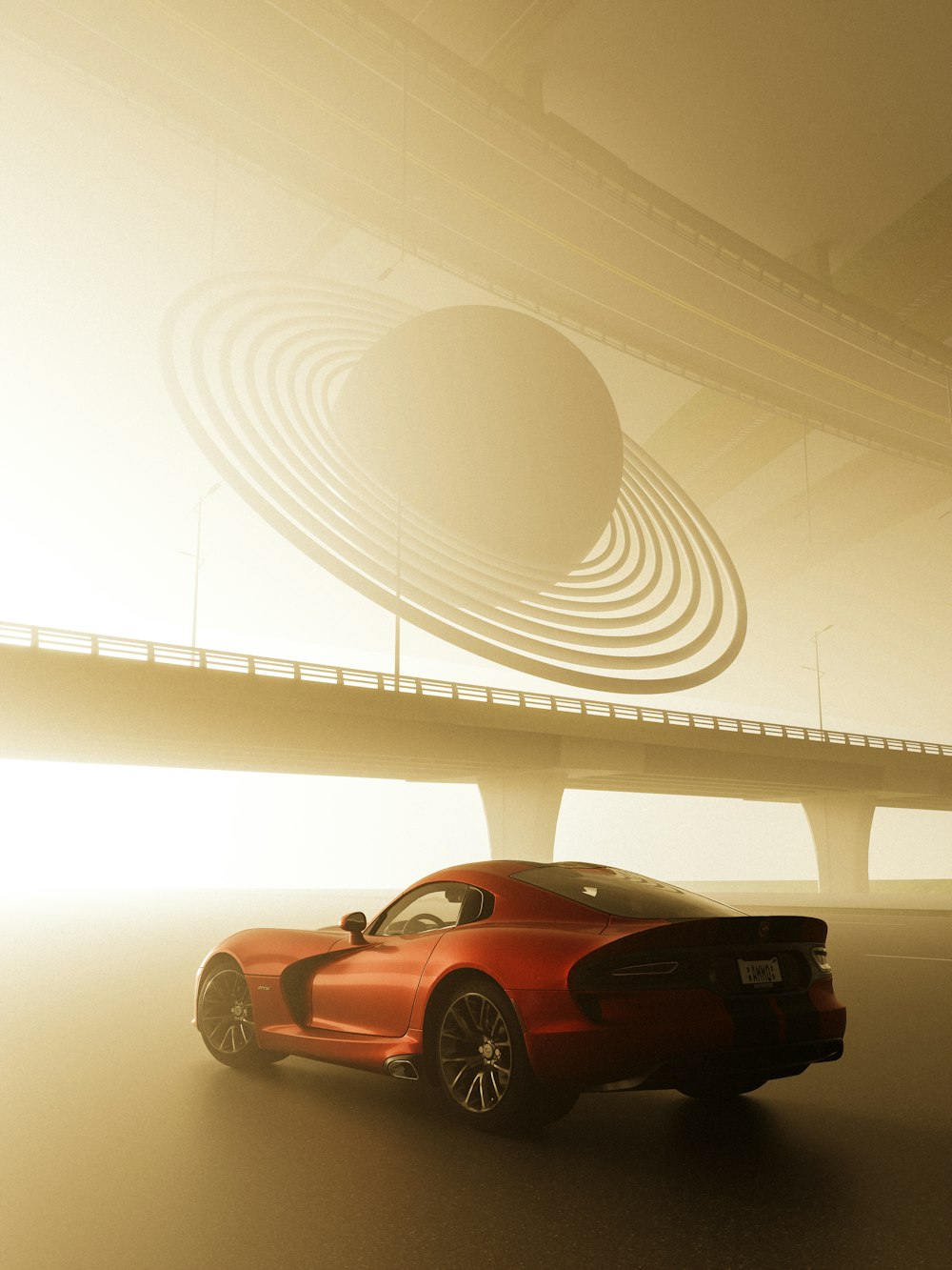 a red sports car parked in a garage with a large white ceiling