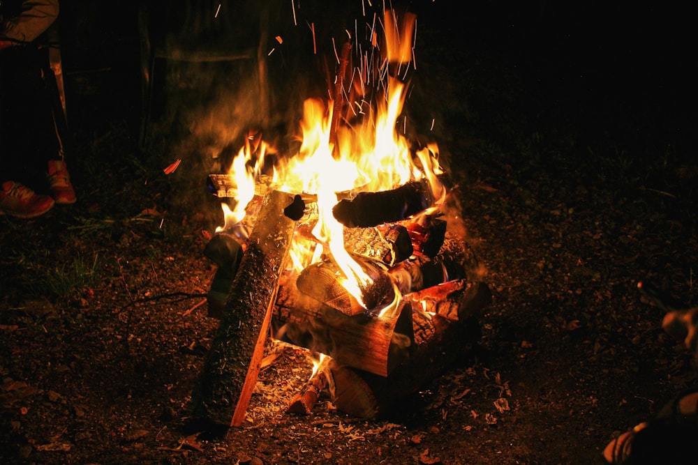 a fire burning in a campfire