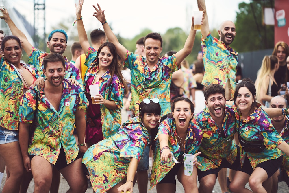 a group of people wearing colorful clothing