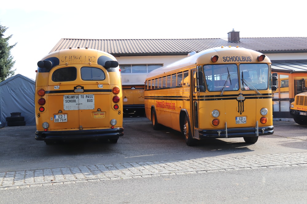 a group of school buses parked in a parking lot