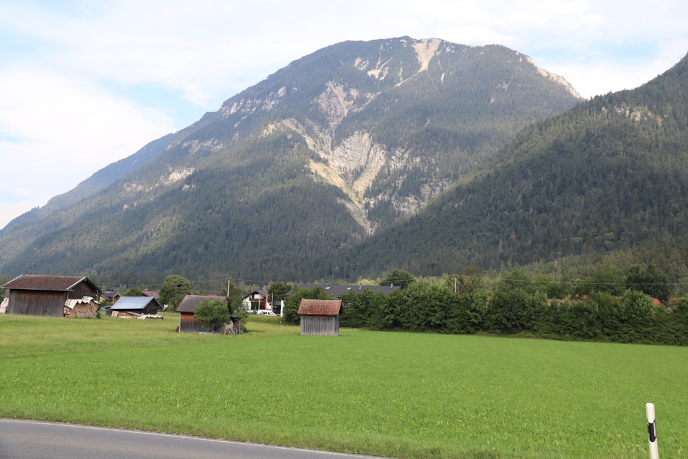 a group of houses in front of a mountain