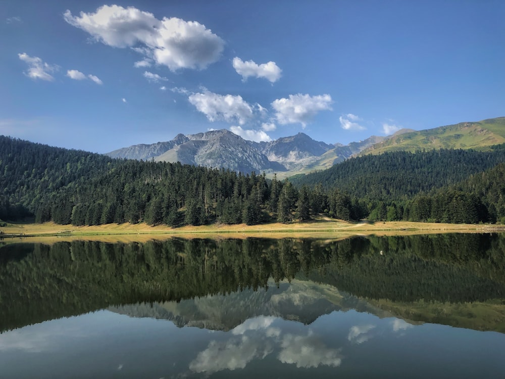 a lake with mountains in the background