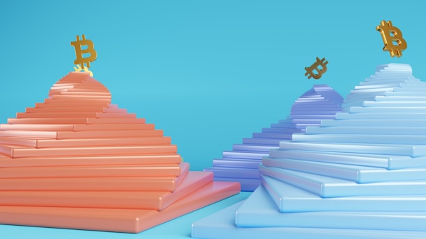 Stacked geometric shapes resembling pyramids in coral and purple hues with golden Bitcoin symbols floating above them. The background is a bright cyan color, creating a modern and abstract feel.
