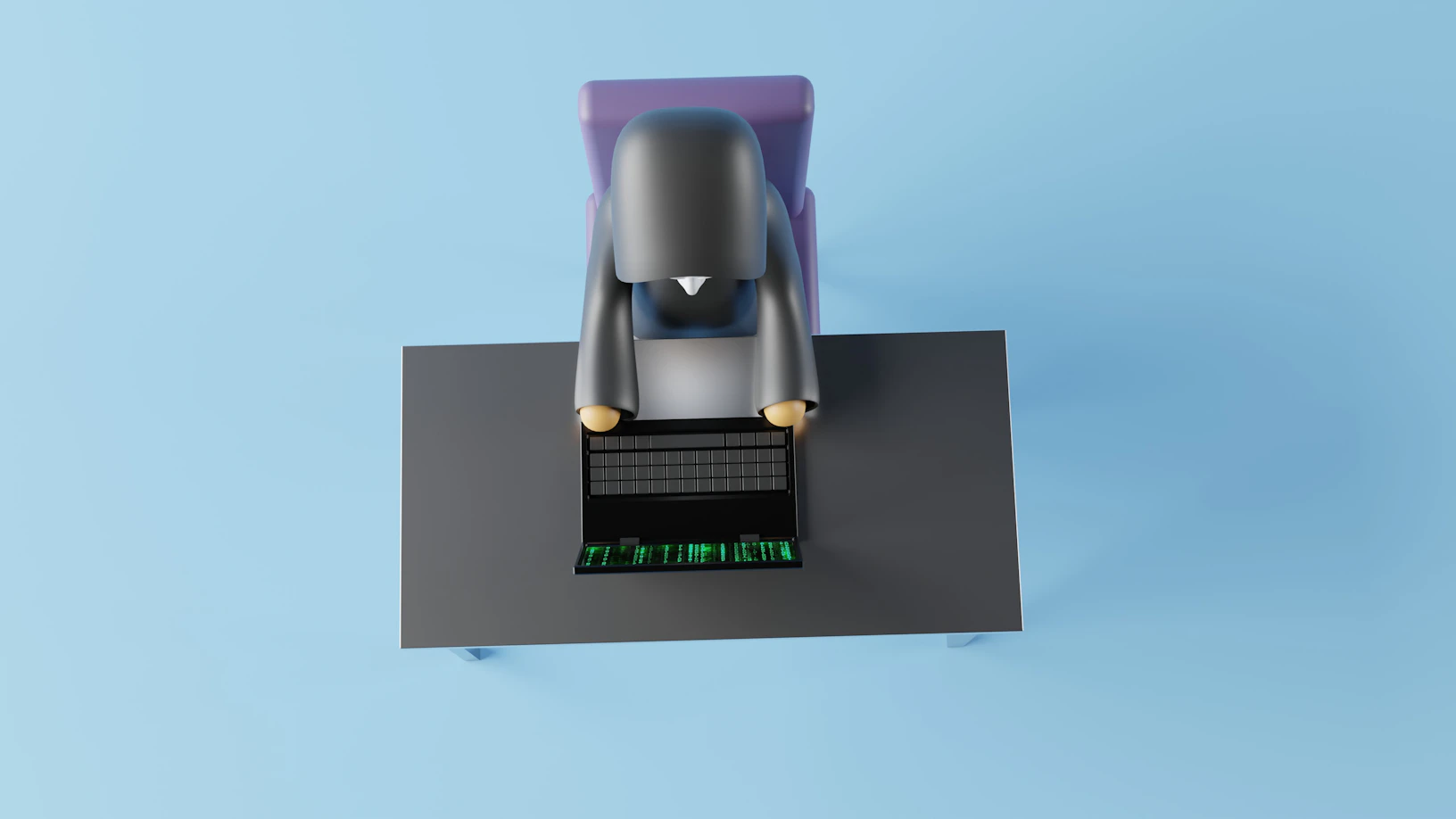 a hacker sitting at a table coding on computer