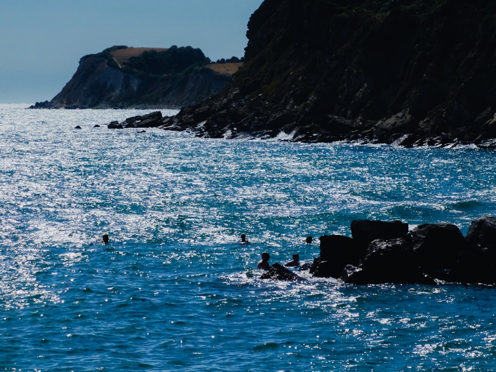 a group of people swimming in the ocean