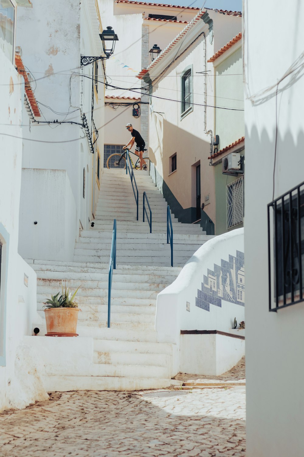 a person climbing up a set of stairs