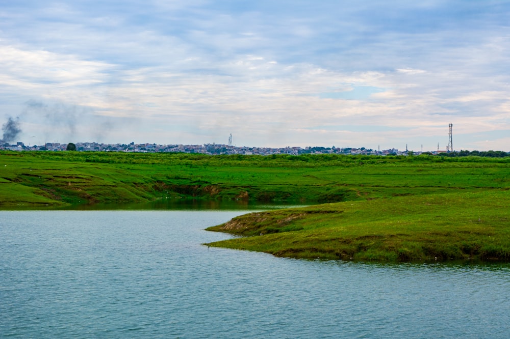 a body of water with land around it