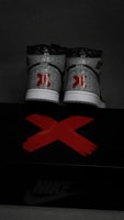 A pair of high-top sneakers with a graffiti-like gray and white pattern, featuring bold red 'X' designs on the back. The sneakers are placed on a black shoe box marked with a large red 'X' and the Nike logo in white.