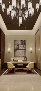 A cozy, stylish office corner with mood lighting showcasing elegant event design samples.