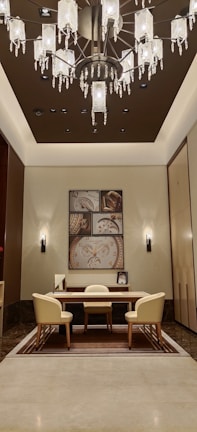 A sleek luxury office space featuring custom lighting fixtures and stylish wall panels.