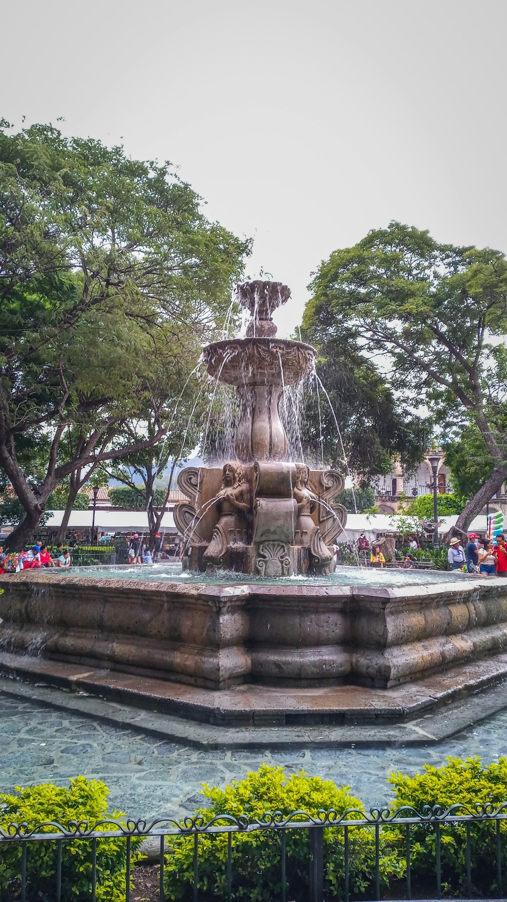 a fountain with water and trees around it