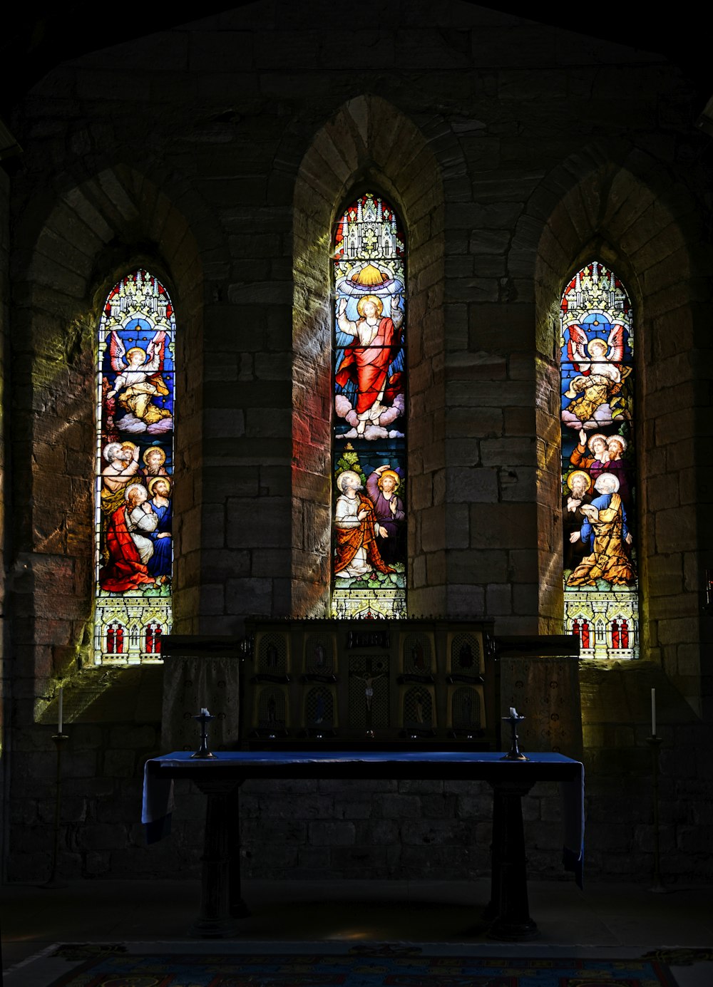 a group of stained glass windows