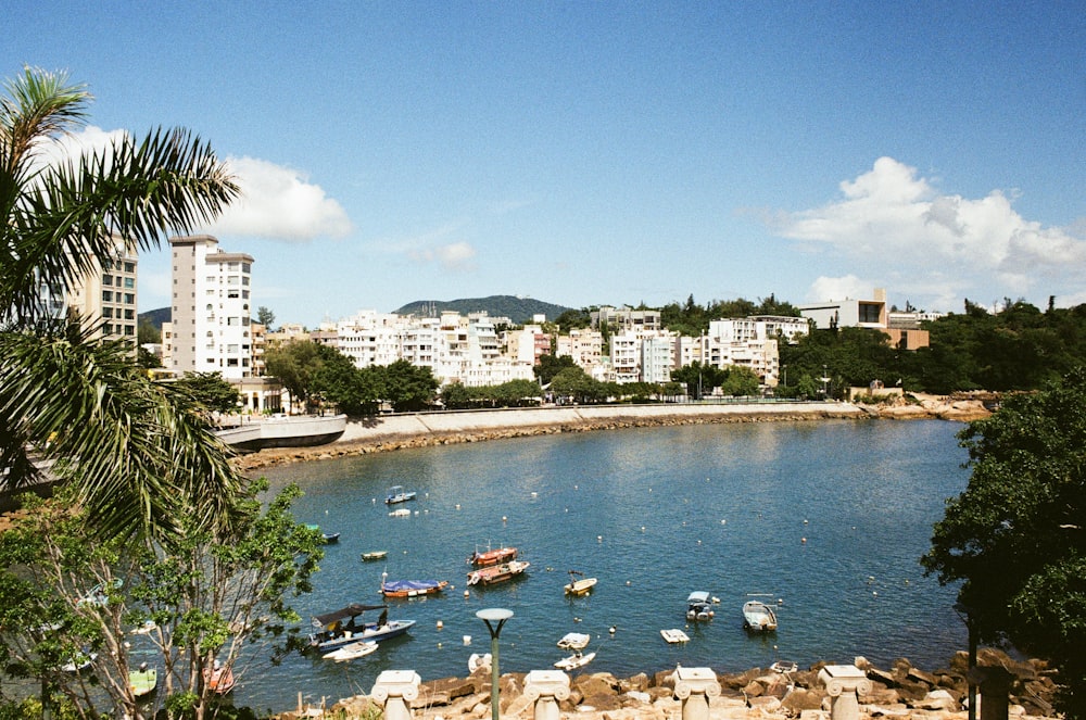 a body of water with boats in it and buildings in the back