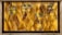 A decorative wall features a geometric patterned background with a warm golden hue. Mounted metal frames hold several small potted plants with lush green foliage, arranged symmetrically. The design blends natural elements with modern art deco style.
