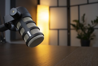A professional microphone is positioned prominently on a wooden table with a modern design. Behind it, a softly lit yellow lamp casts a warm glow, illuminating a section of a room divider. A plant adds a touch of greenery, contributing to a warm and inviting atmosphere.