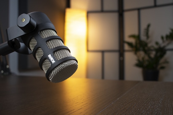 A professional microphone is positioned prominently on a wooden table with a modern design. Behind it, a softly lit yellow lamp casts a warm glow, illuminating a section of a room divider. A plant adds a touch of greenery, contributing to a warm and inviting atmosphere.