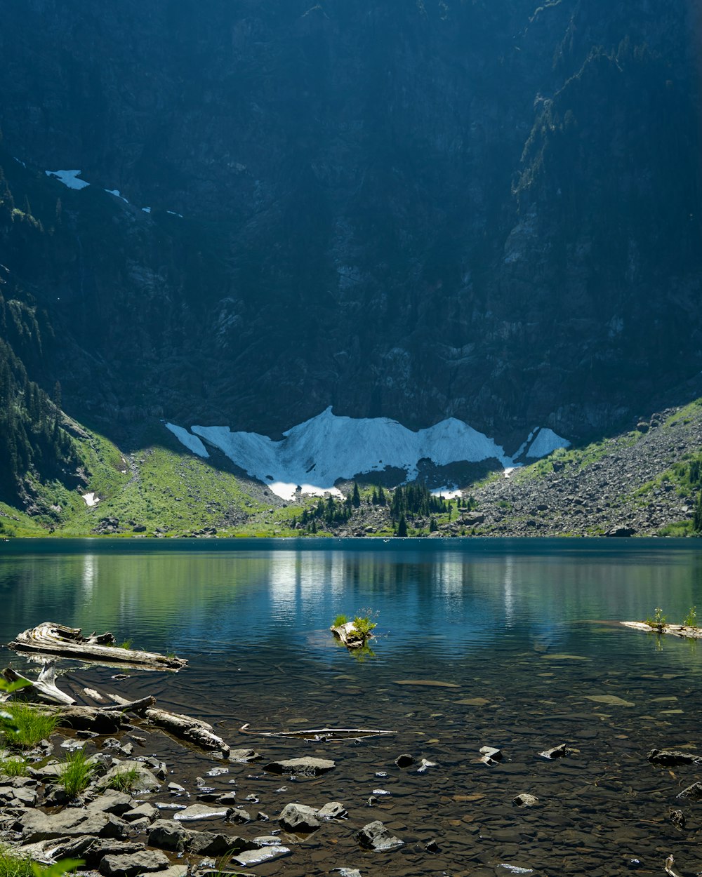 a lake with mountains in the background