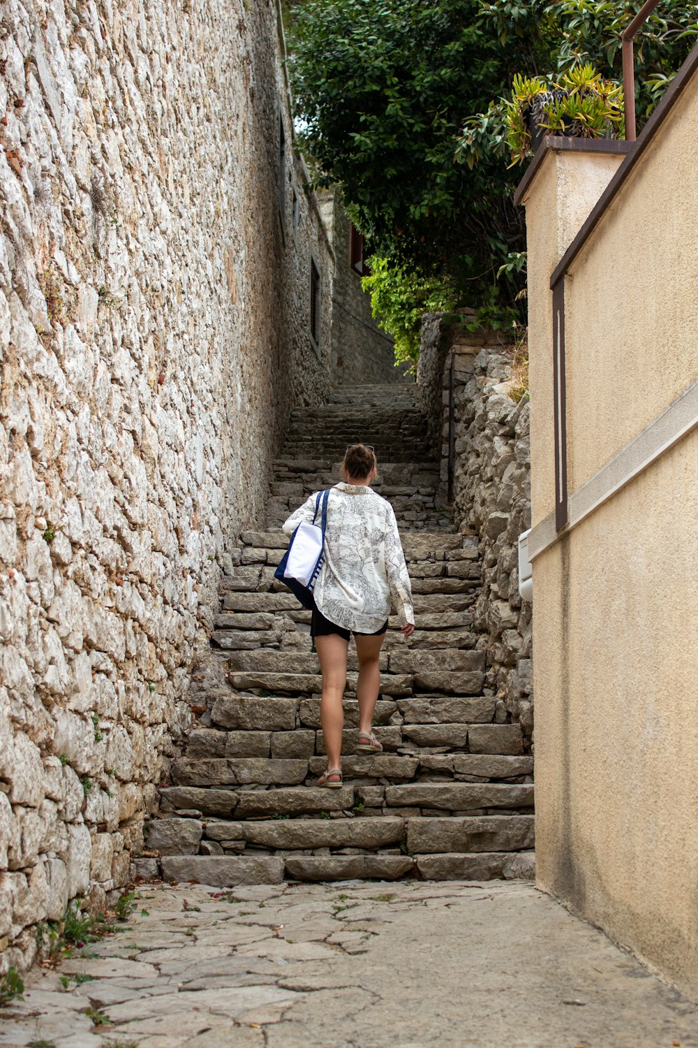 a person walking up a stone staircase