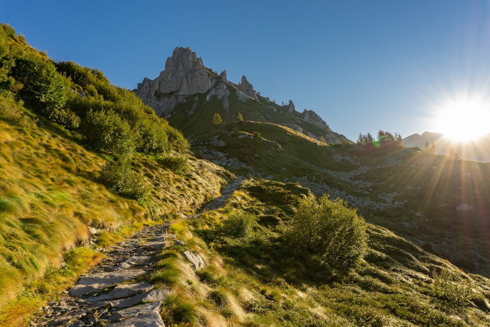 a rocky mountain with a stream running through it