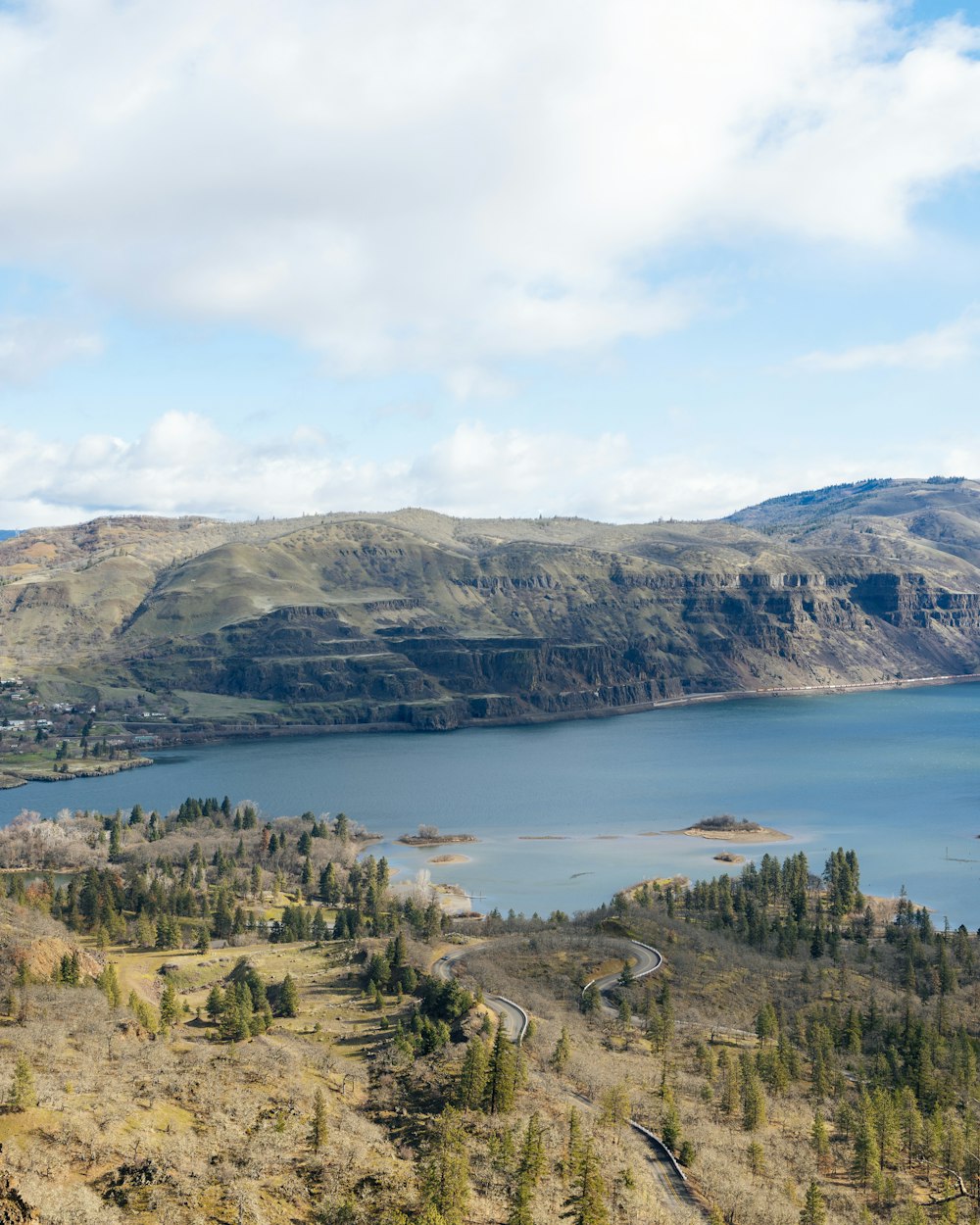 a lake surrounded by hills and trees