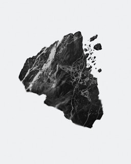 A fragment of dark, textured rock with visible veins and cracks, partially breaking apart into smaller pieces. The background is a soft, light gray, creating a stark contrast with the dark rock.