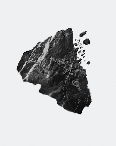A fragment of dark, textured rock with visible veins and cracks, partially breaking apart into smaller pieces. The background is a soft, light gray, creating a stark contrast with the dark rock.