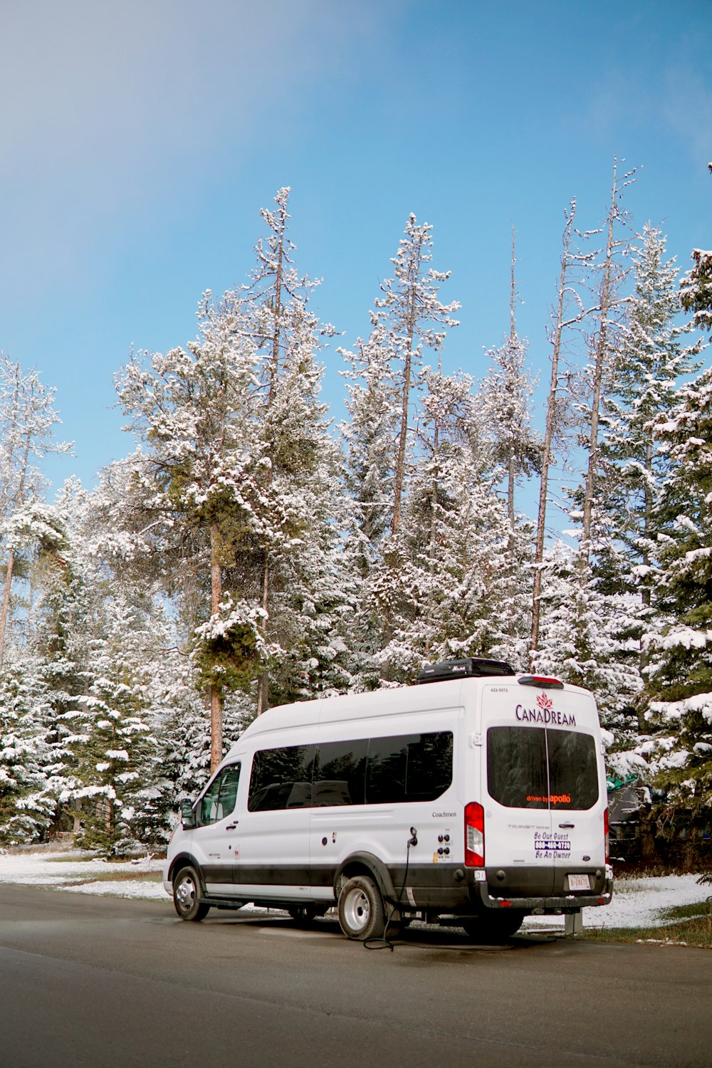 a white van parked in front of a snowy forest