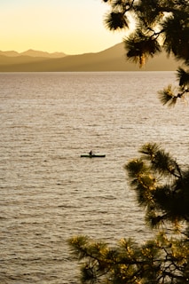 Sunset silhouette of a lone kayaker gliding across a peaceful lake surrounded by trees