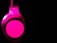 A bright pink headphone with one earcup visible against a black background, featuring a metallic sheen and a logo on the headband.