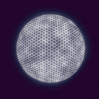 A sleek dark mode interface showing a hexagonal pattern with violet accents surrounding a glowing nexus AI hub.