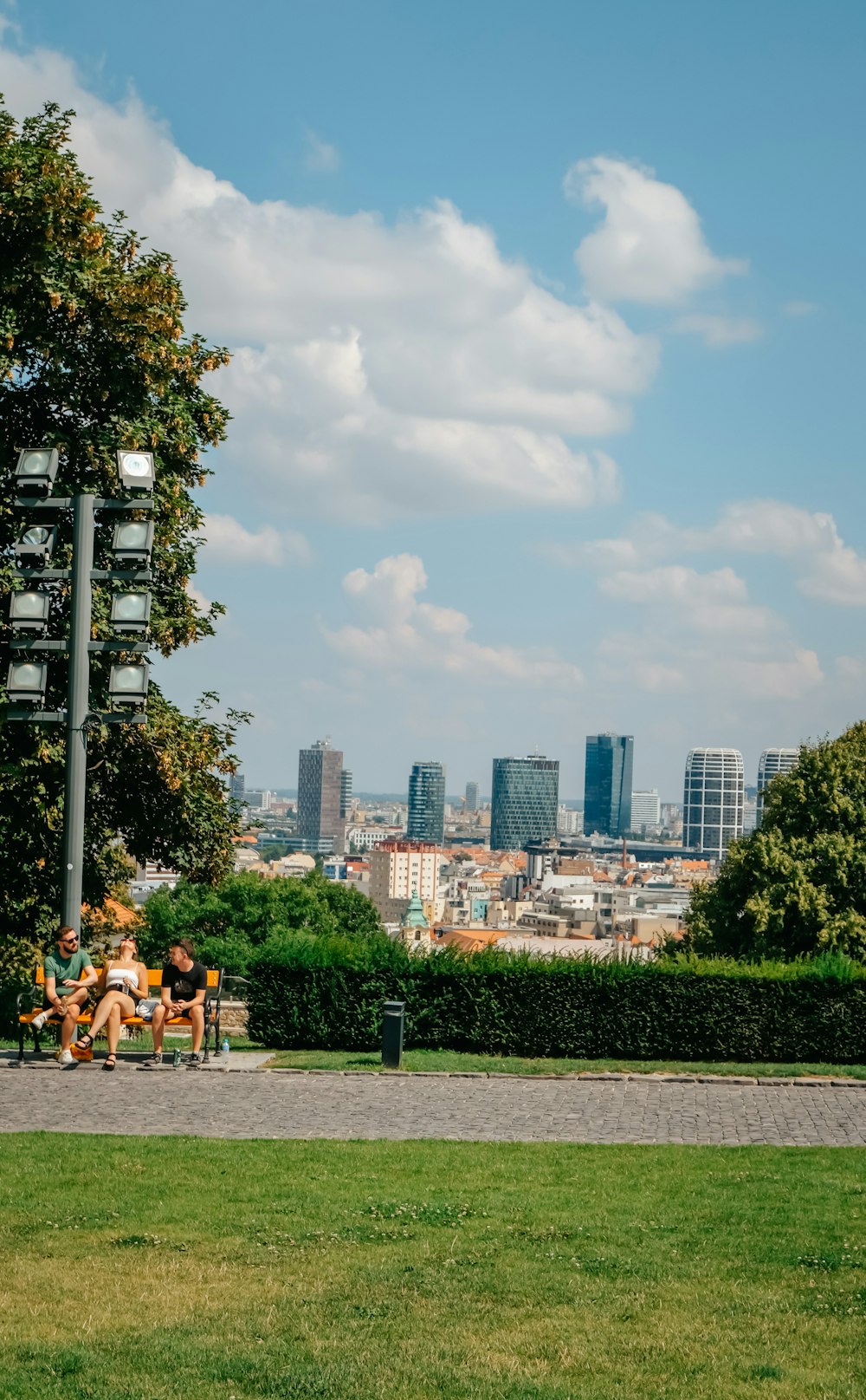 a group of people sitting on a bench in a park with a city in the background