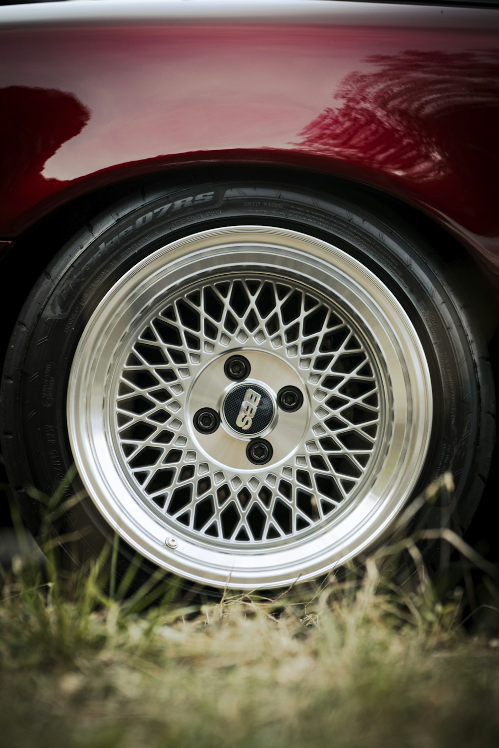 a close up of a car's wheel