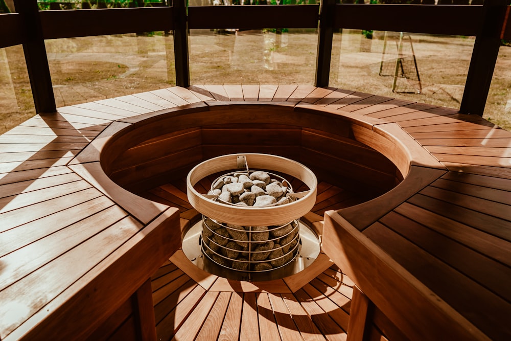 a bowl of rocks on a table