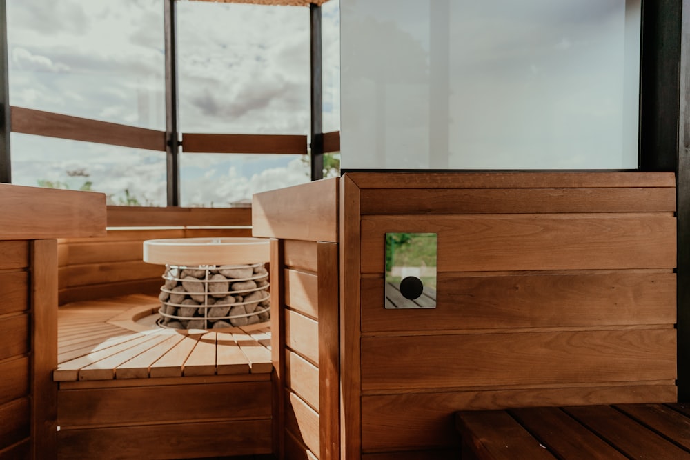 a wooden cabinet with a picture on it