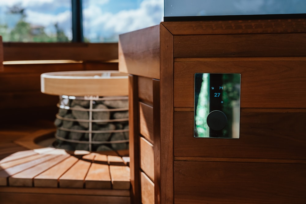 a wooden box with a screen