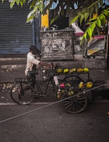 A street vendor pushes a tricycle cart filled with coconuts along a paved road. The cart has a metal frame and large wheels, and the vendor wears casual clothing. A closed shop with a shutter is in the background, and leafy branches hang above, partly obscuring the scene.