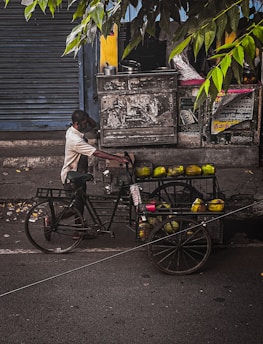 A street vendor pushes a tricycle cart filled with coconuts along a paved road. The cart has a metal frame and large wheels, and the vendor wears casual clothing. A closed shop with a shutter is in the background, and leafy branches hang above, partly obscuring the scene.
