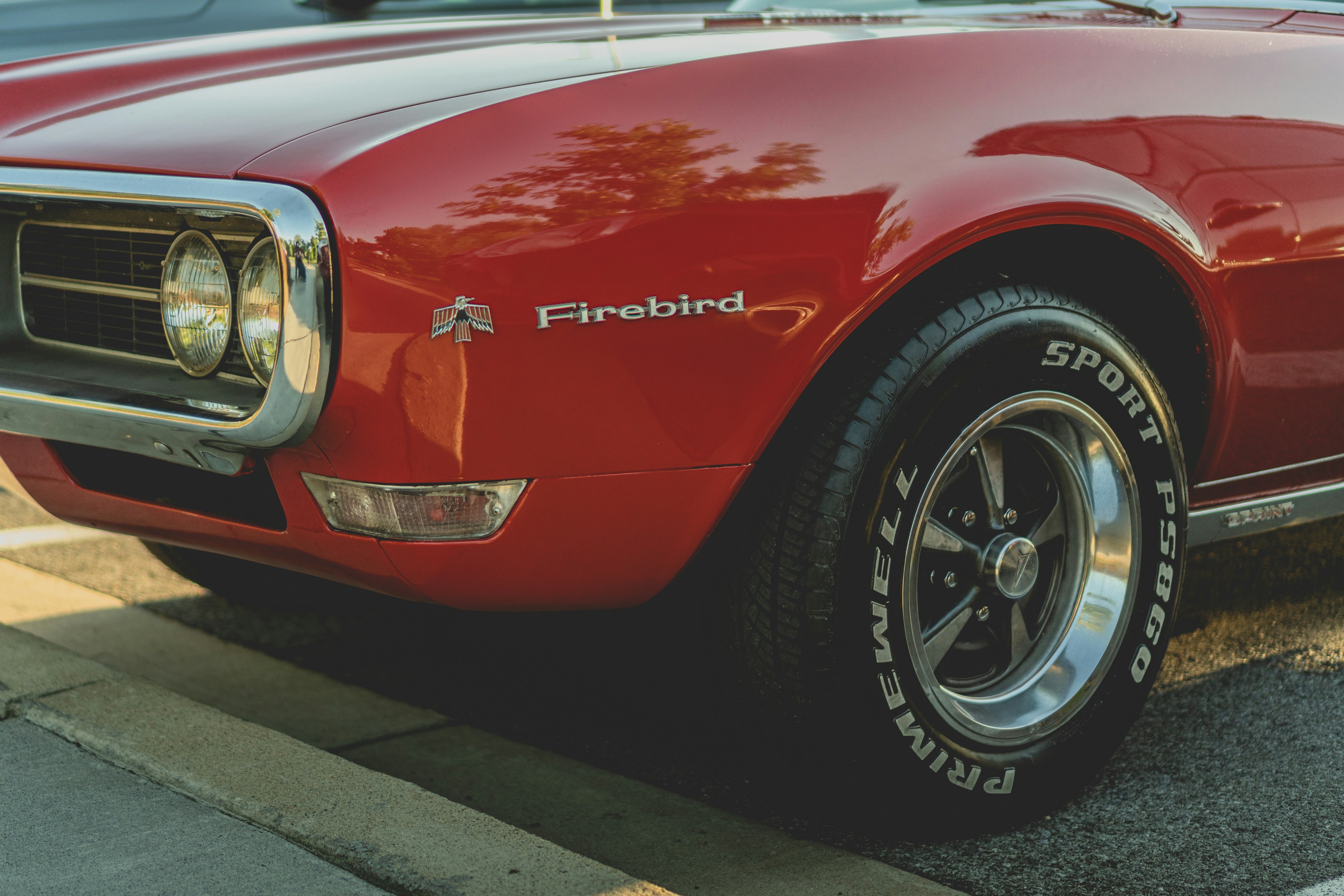 the front of a red car